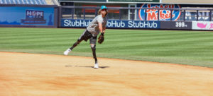 Landis Sims throwing a pitch at Yankee Stadium