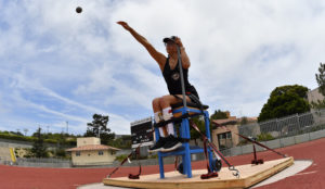 Ruby on her throwing chair for CAF HS Adaptive Track and Field