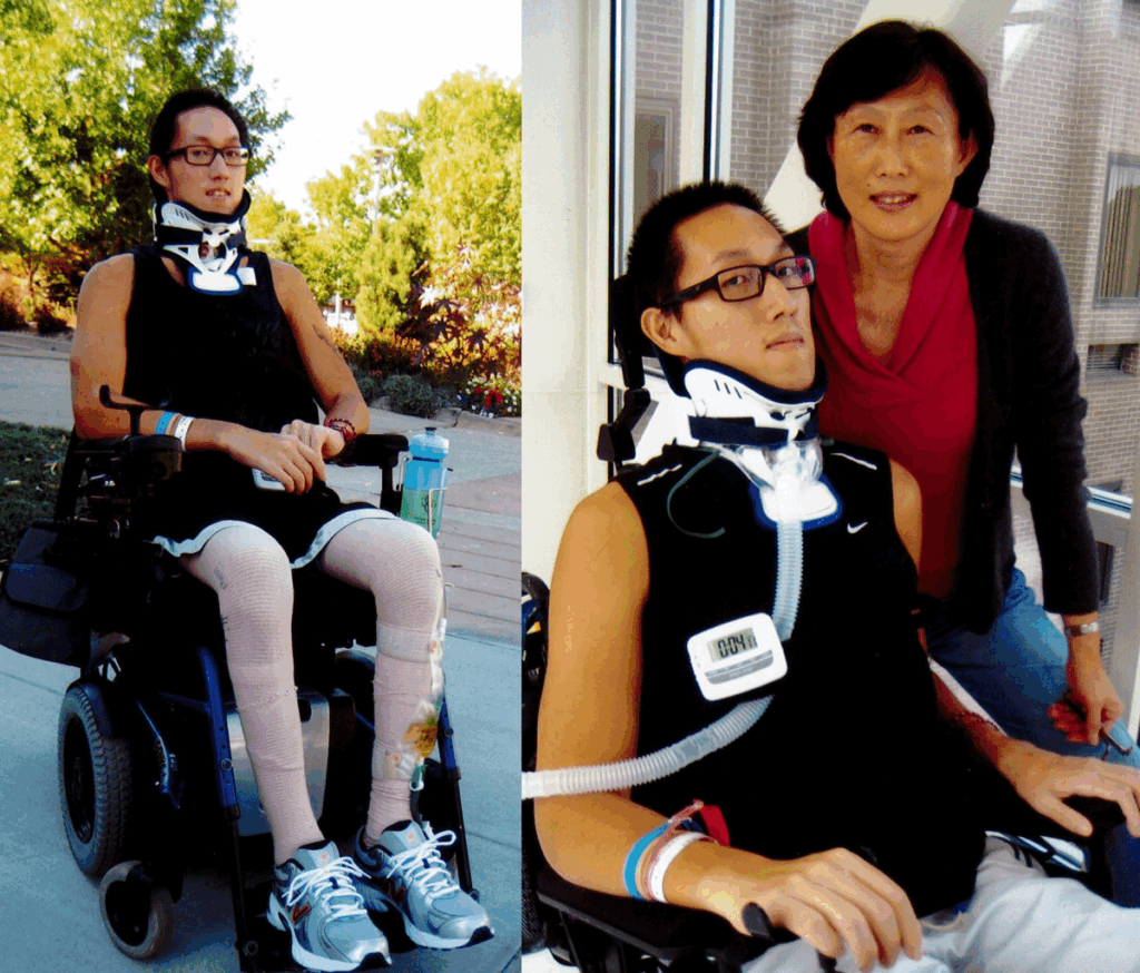 Side-by-side images of a young man in a power wheelchair wearing a neck brace and respiratory equipment during rehabilitation, accompanied by a woman indoors.