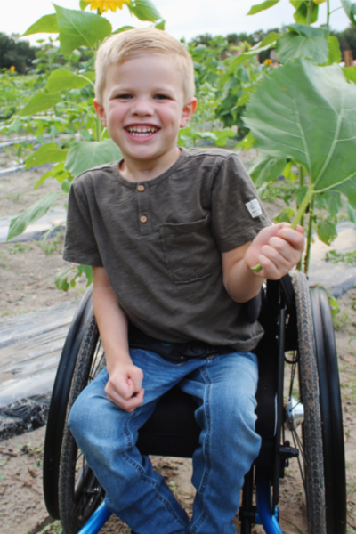 A smiling child with a physical disability sits in a wheelchair holding a sunflower leaf while outdoors in a garden.