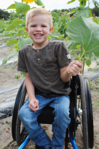 Jacen Mancil sitting in GRIT Freedom Chair in sunflower field