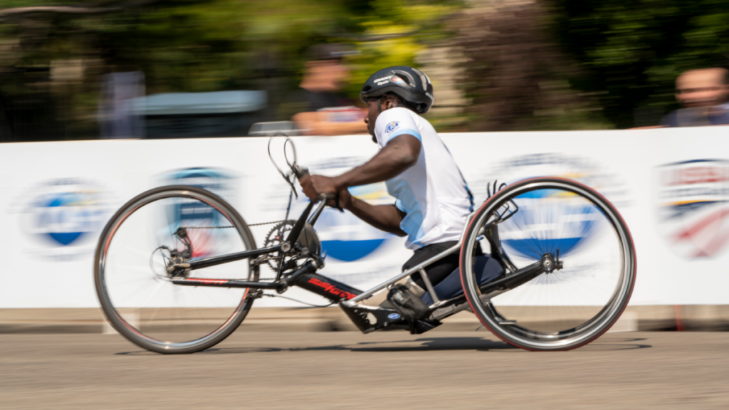 Roderick Sewell racing on handcycle in Boise Twilight Criterium