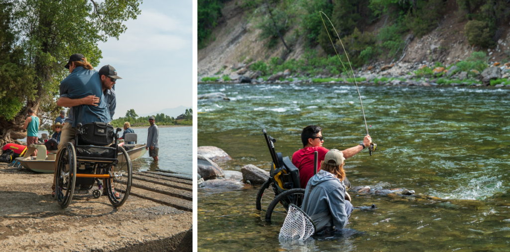 Boy in  GRIT Freedom Chair Fly Fishing at CAF Fly Fishing and Water Adventure Camp Montana