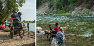 Boy in GRIT Freedom Chair Fly Fishing at CAF Fly Fishing and Water Adventure Camp Montana