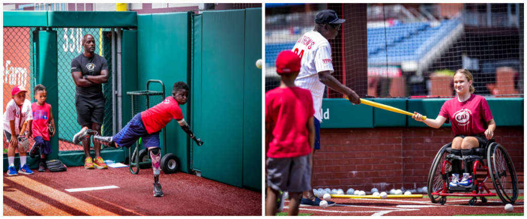 Kids practicing hitting and throwing at CAF and Phillies Coaches Clinic