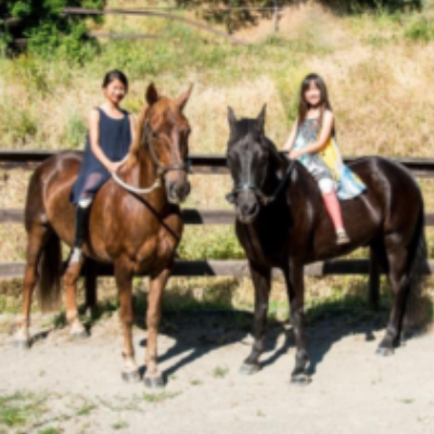 Two young girls sit confidently on horseback along a wooden fence, outdoors on a sunny day with trees and grass in the background.