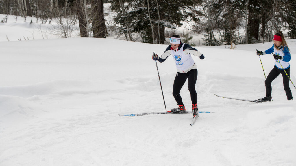 Two skiers in winter clothing cross-country skiing on a snowy trail. One of them has an upper limb difference.