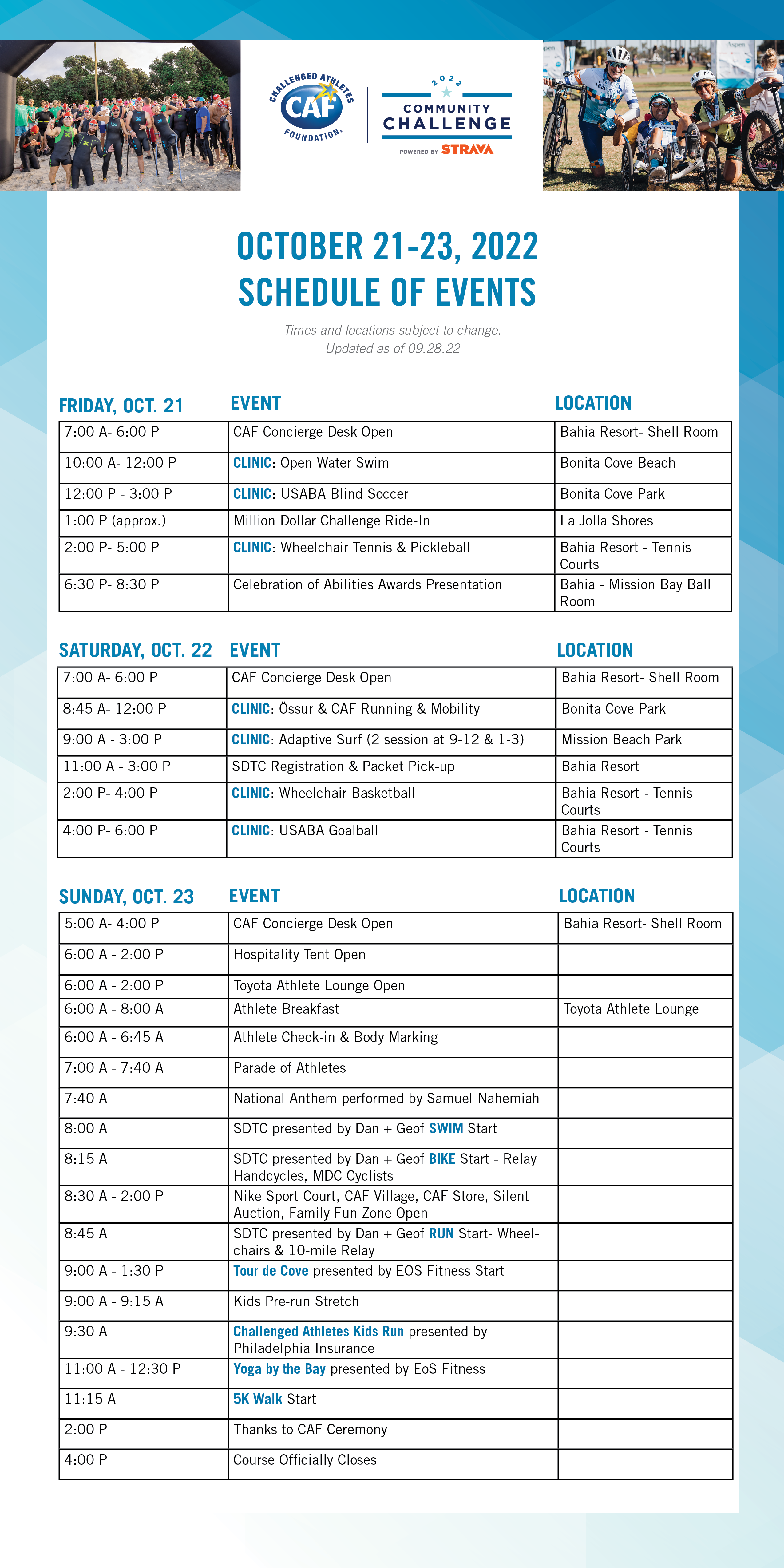 Community Challenge Weekend Schedule of Events