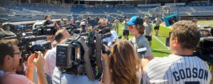 Landis Sims being interviewed at Yankee Stadium