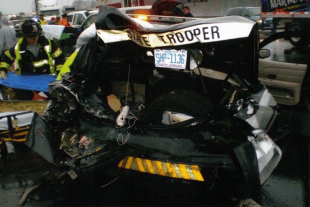 A severely damaged state trooper vehicle is shown after a crash, surrounded by emergency responders in reflective jackets. The crumpled rear end of the car displays a North Carolina license plate.