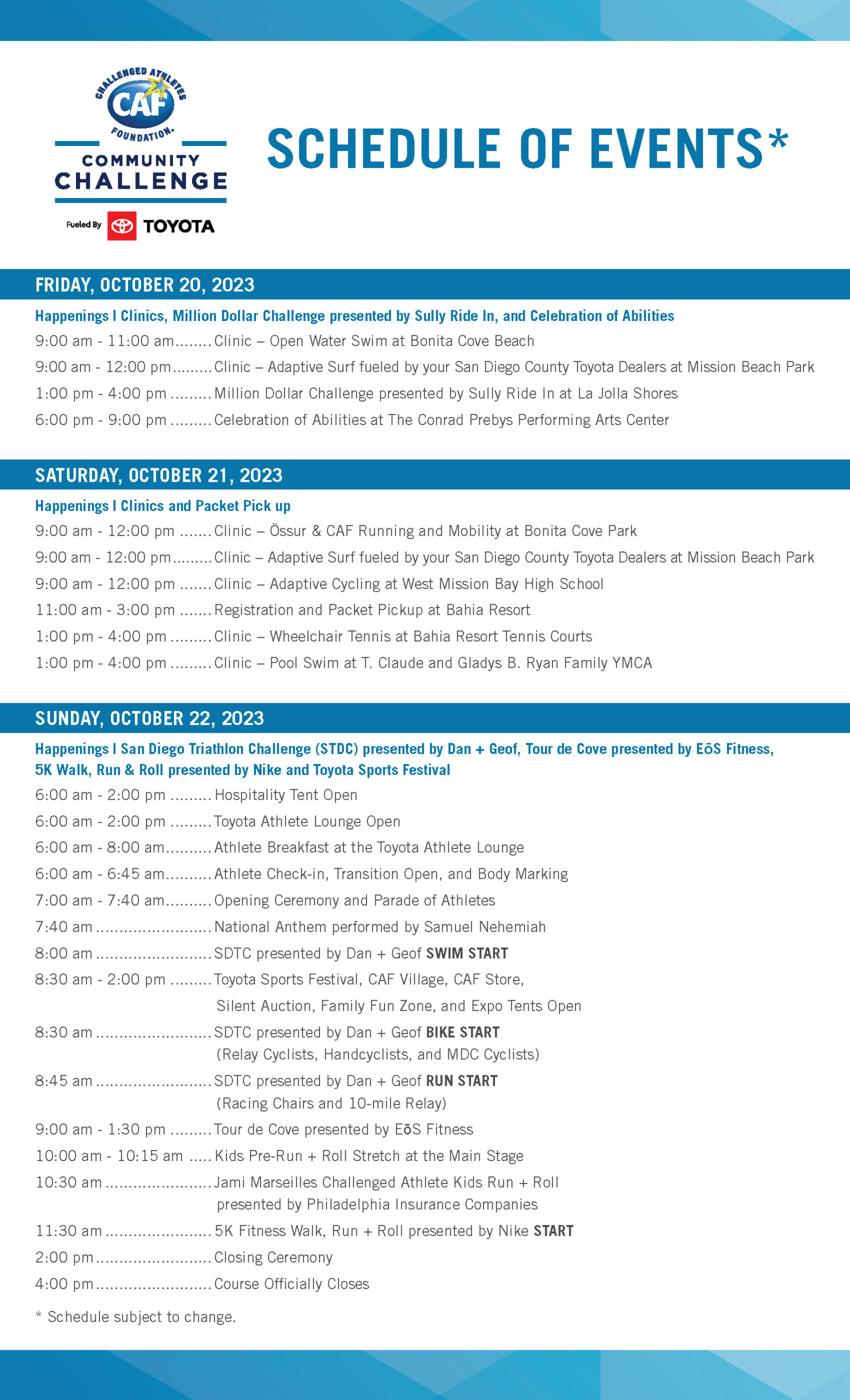 2023 Community Challenge fueled by Toyota Schedule of Events