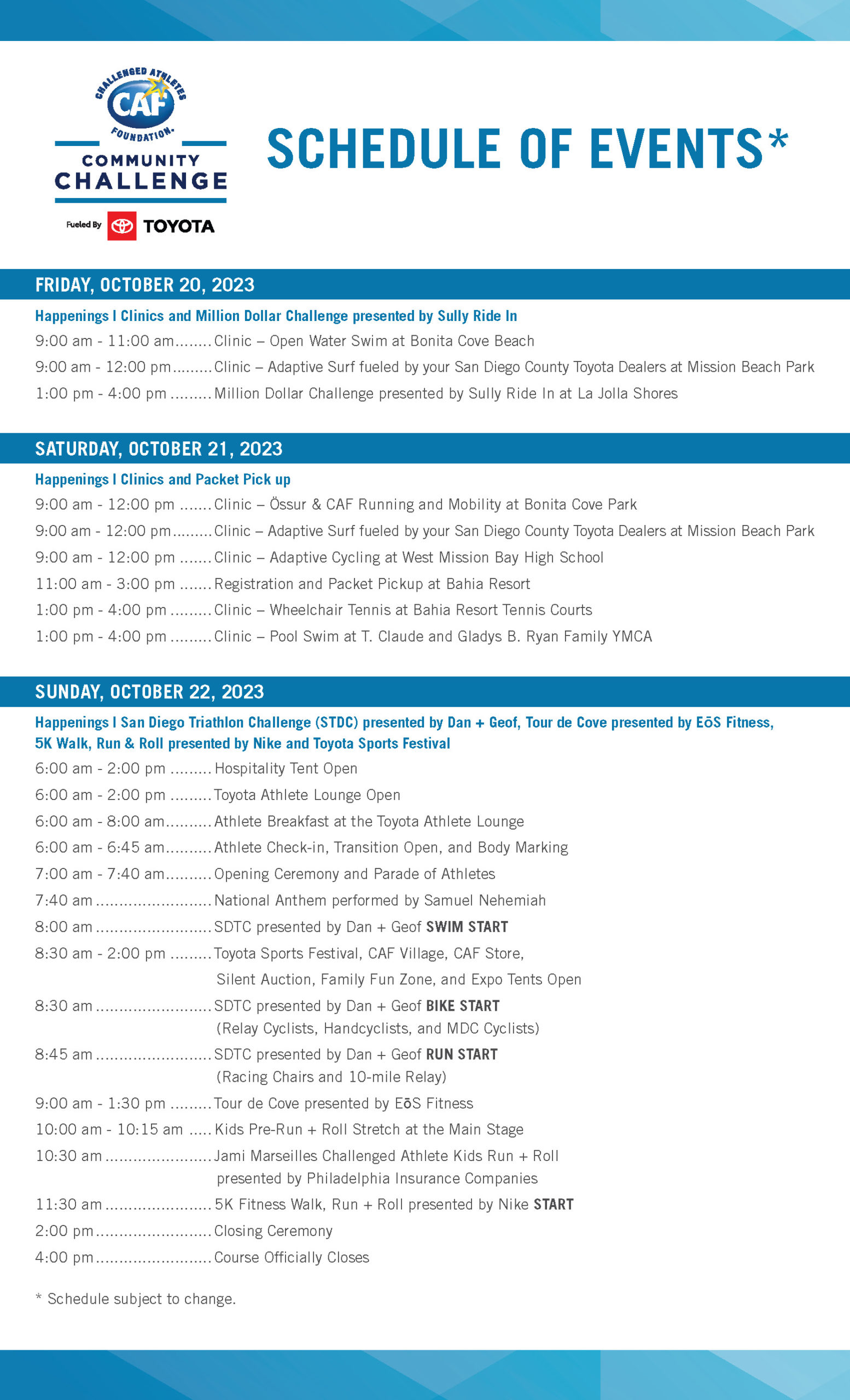 Community Challenge fueled by Toyota Schedule of Events