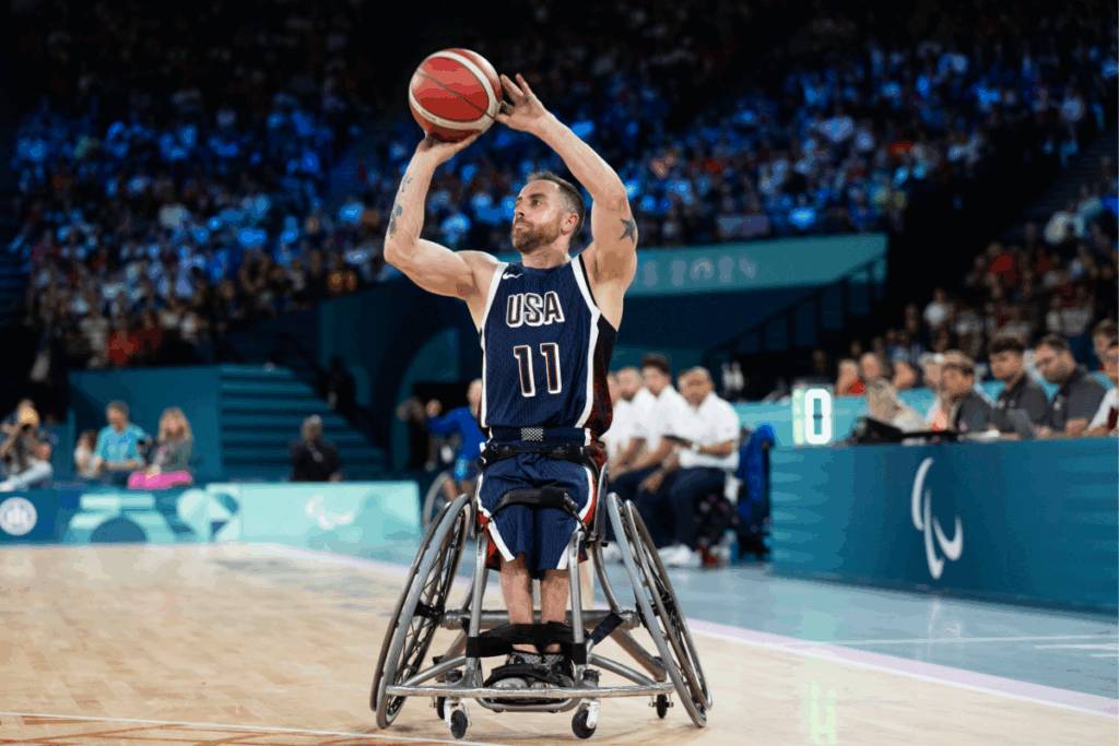 Team USA wheelchair basketball player Steve Serio prepares to take a shot during a Paralympic basketball game in Paris.