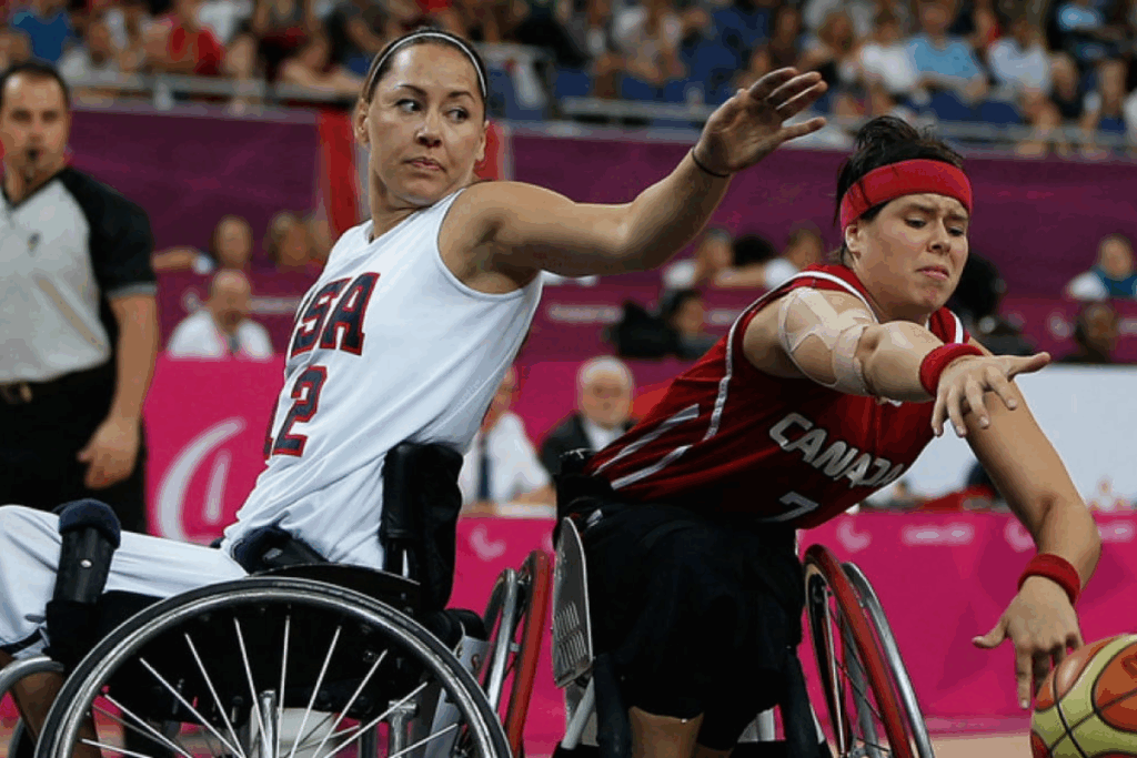 Alana Nichols competing for Team USA in wheelchair basketball against Team Canada during an international tournament