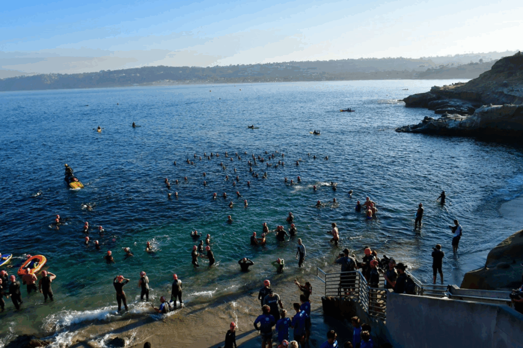 Large group of swimmers wearing pink caps spread out in the ocean during a triathlon open-water swim.