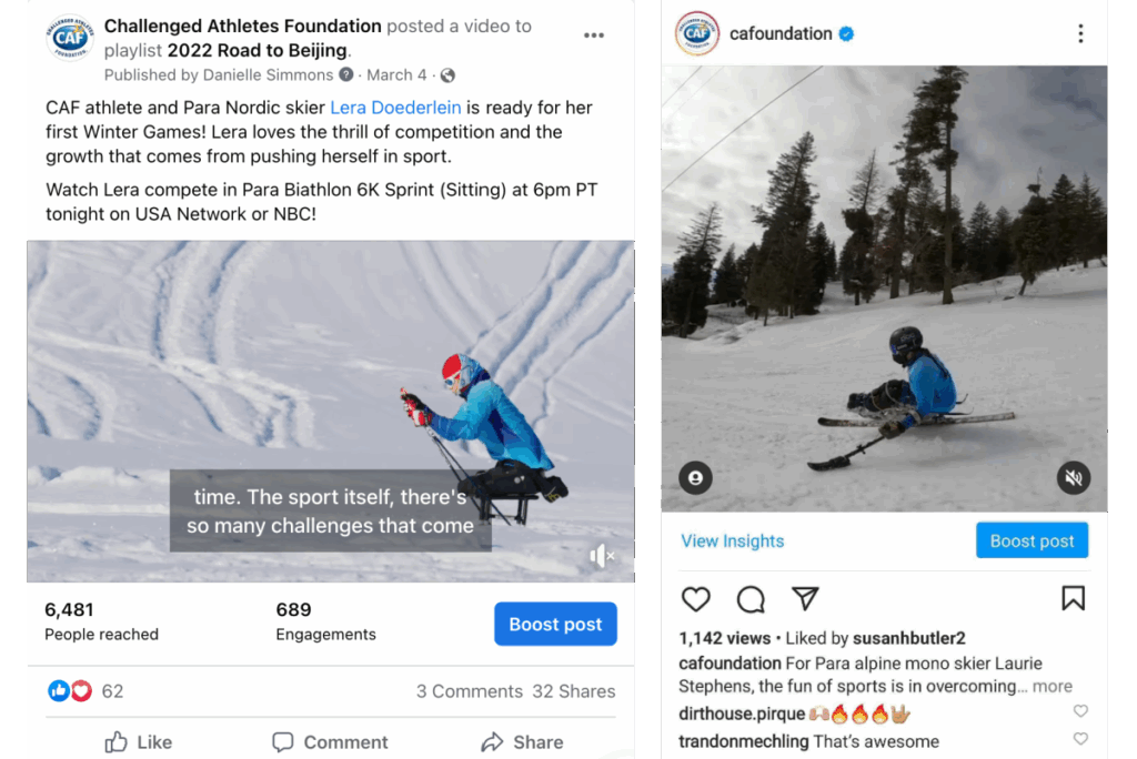 Split image of Facebook and Instagram posts showing Para skiers on snowy terrains.