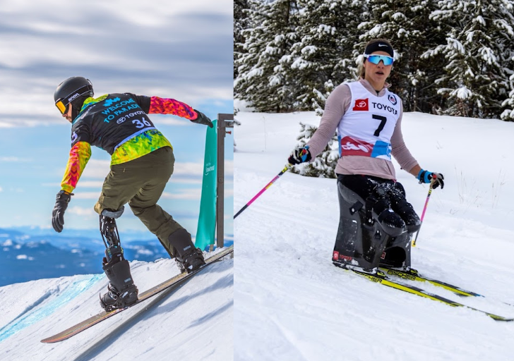 Winter sports athletes: a snowboarder on a slope and a skier using a monoski in a snowy forest.