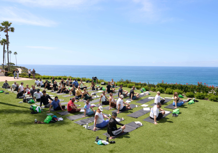Dozens of people participate in an outdoor yoga session on a grassy lawn overlooking the ocean, stretching on mats with the scenic coastline in the background.