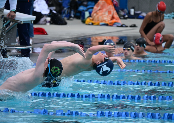 Two people backstroking in an outdoor pool while others look on.