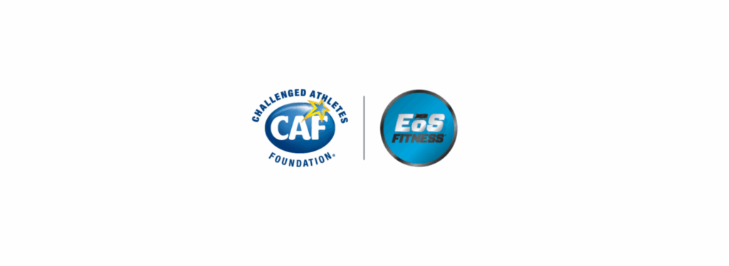 Logos of the Challenged Athletes Foundation (CAF) and EōS Fitness side by side, representing a partnership. Both logos are circular with bold blue designs.