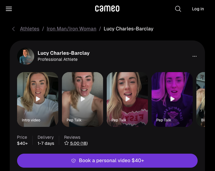 Screenshot of Lucy Charles-Barclay’s Cameo page showing video options and booking details for personalized pep talks.