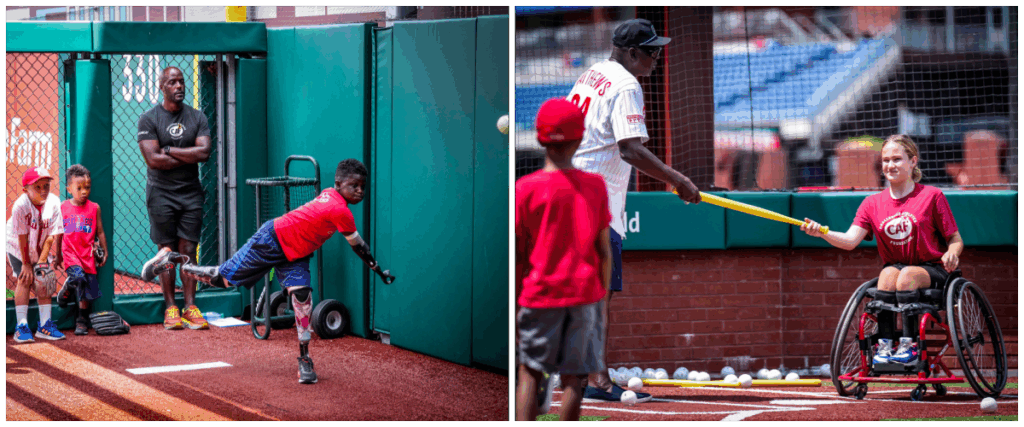 Young athletes with and without physical disabilities practice baseball drills together during an inclusive clinic, supported by coaches on the field.