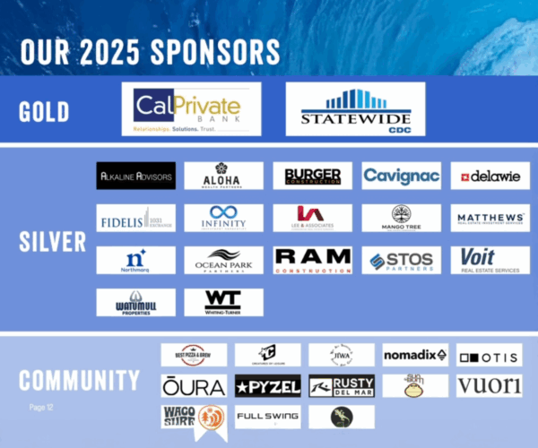 A Surf for Impact sponsor graphic displaying the 2025 Gold, Silver, and Community-level partners with logos arranged by category.