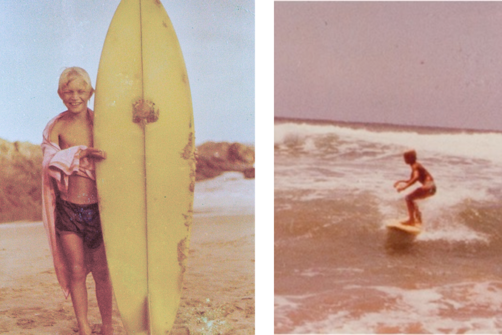 Childhood photos of Ant Smyth with a surfboard and surfing a wave.
